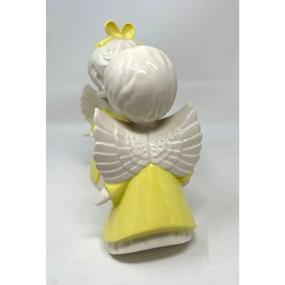 Vintage Boy Girl Angel Figurines Yellow White Mid Century Kissing Holding Bible
